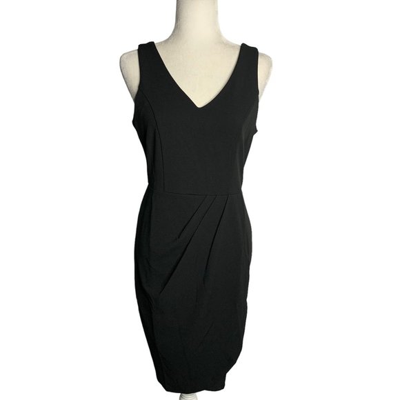 Missjoy Wrap Skirt Sheath Dress S Black V Neck Sleeveless Zip Pleated Draped - Picture 1 of 8